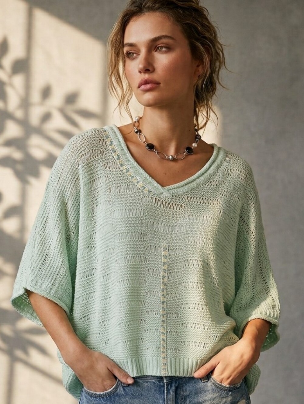 POL Boho Open Knit Mint Green Pullover Floral Embroidered V-Neck Beach Sweater M